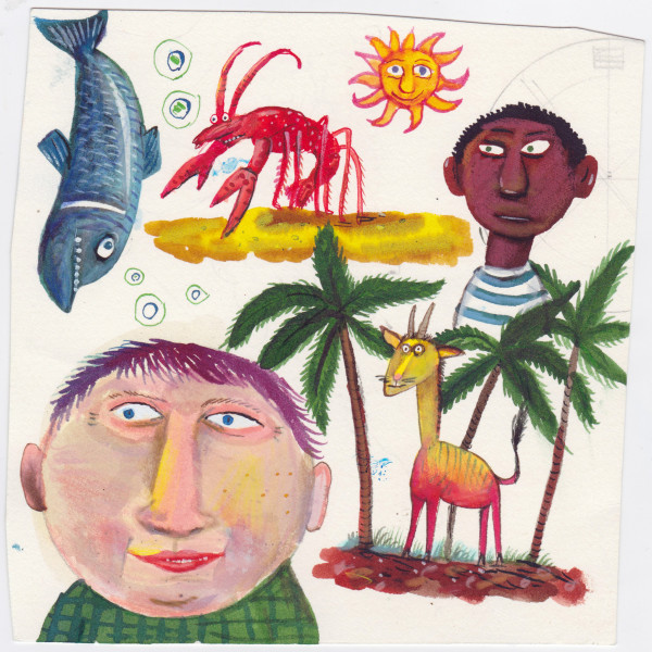 men fish lobster palm illustration