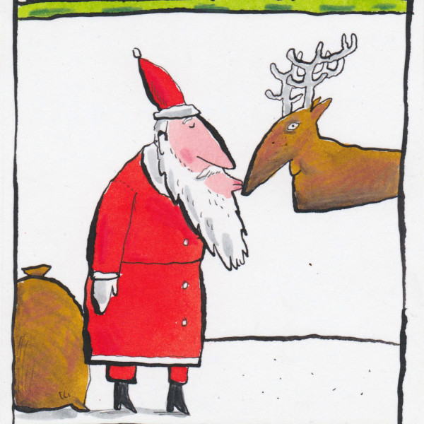 Santa kissing reindeer illustration