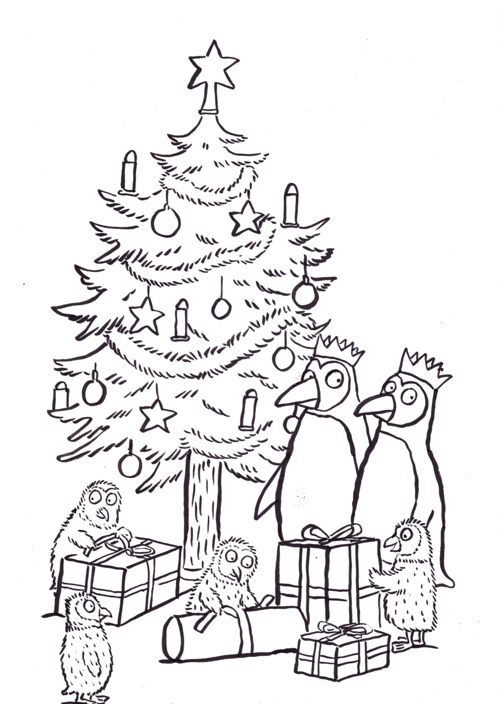 Christmas tree and penguins illustration